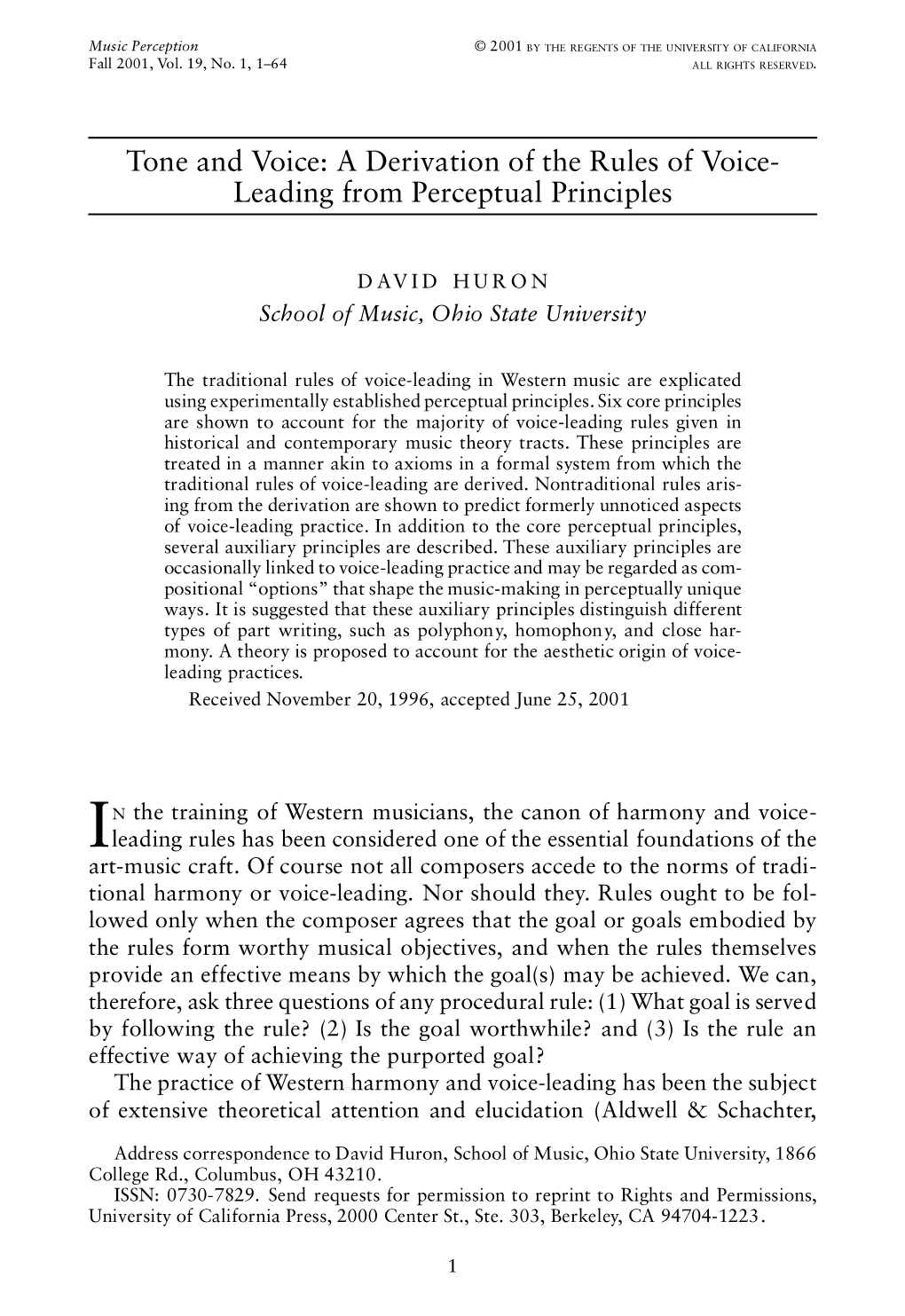 Tone and Voice: a Derivation of the Rules of Voice- Leading from Perceptual Principles