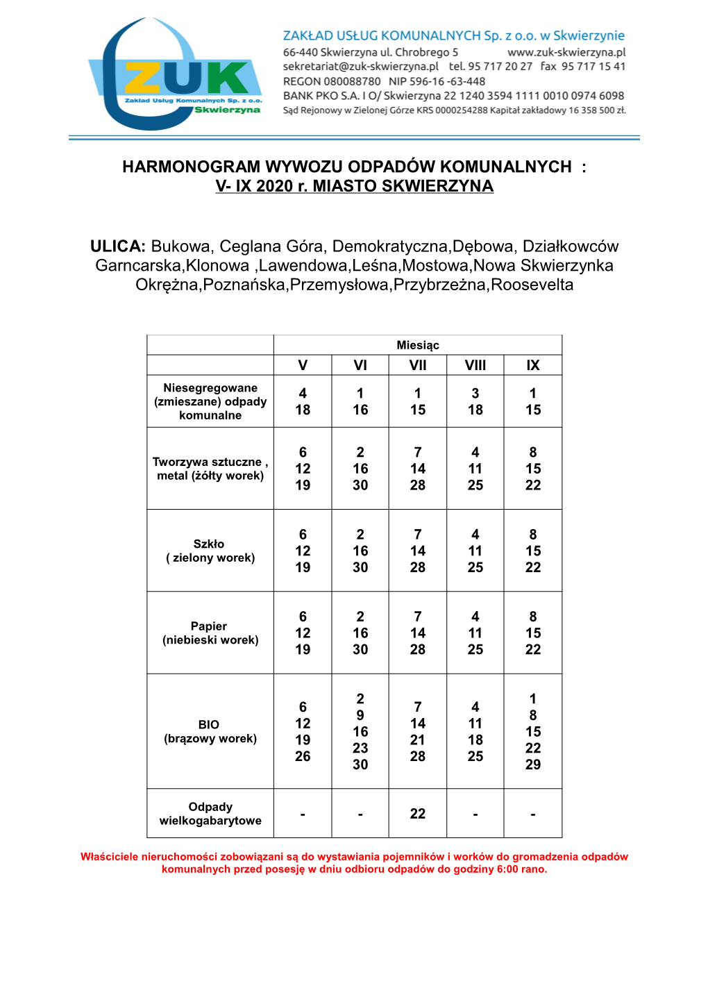 HARMONOGRAM WYWOZU ODPADÓW KOMUNALNYCH : V- IX 2020 R