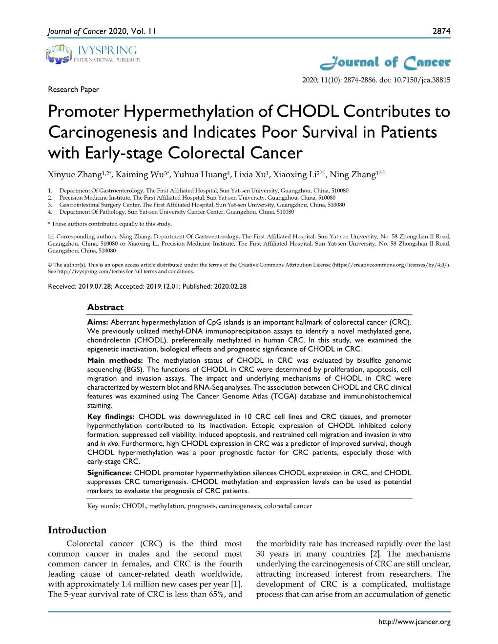 Promoter Hypermethylation of CHODL Contributes to Carcinogenesis And