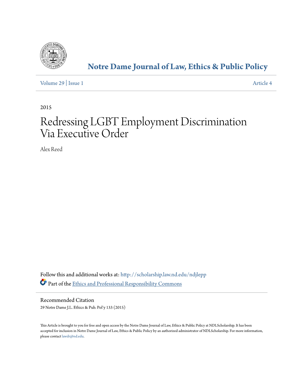 Redressing LGBT Employment Discrimination Via Executive Order Alex Reed