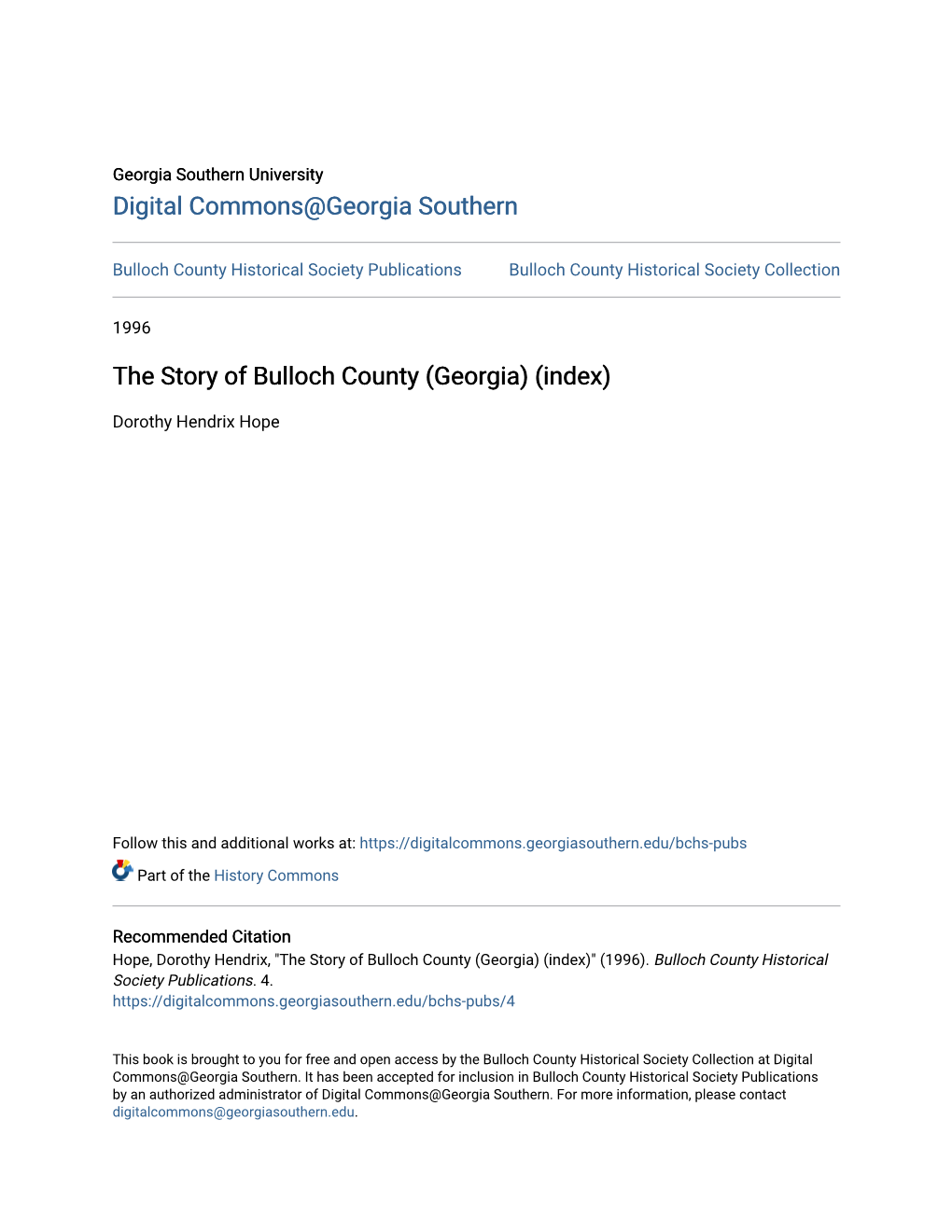 The Story of Bulloch County (Georgia) (Index)