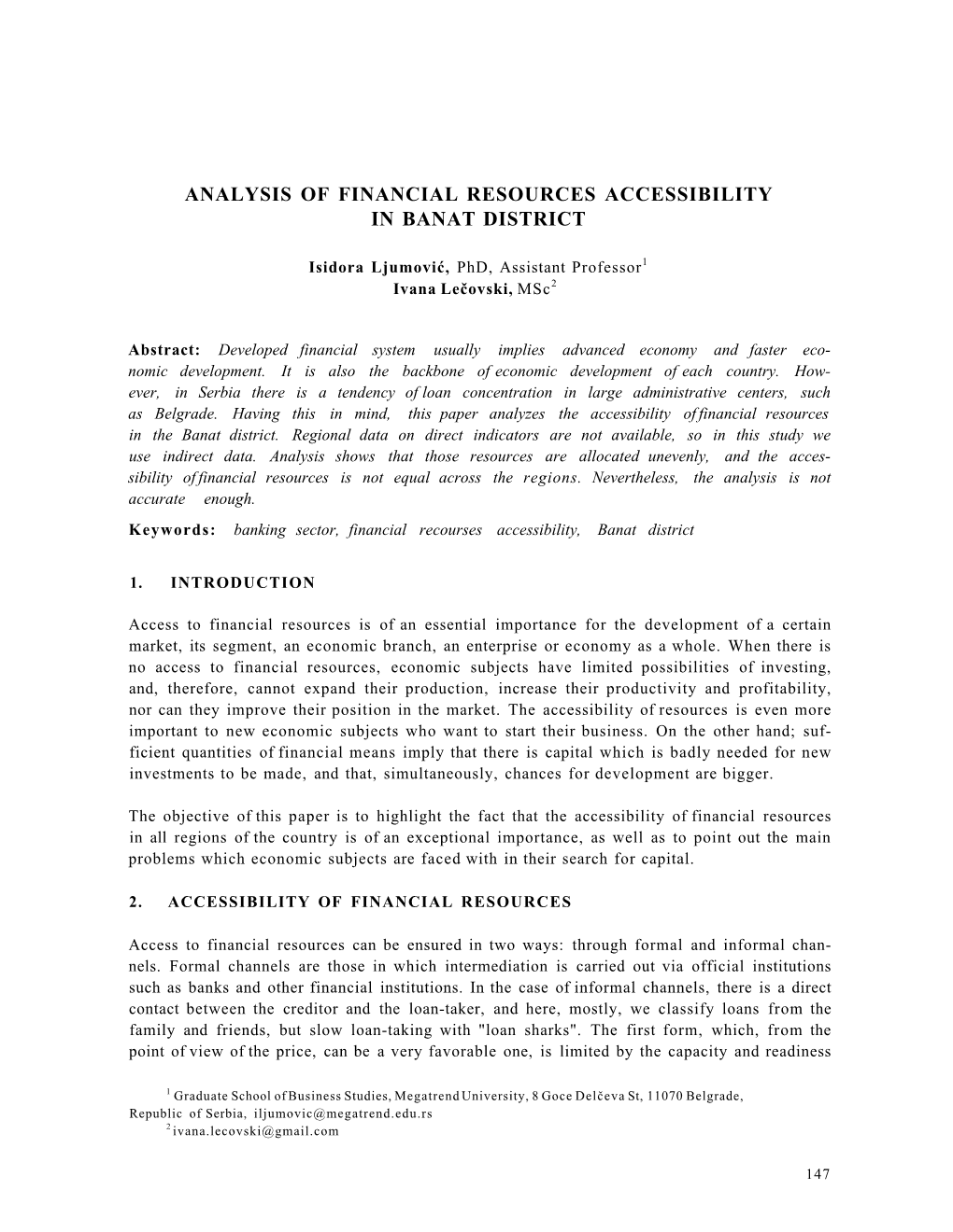 Analysis of Financial Resources Accessibility in Banat District