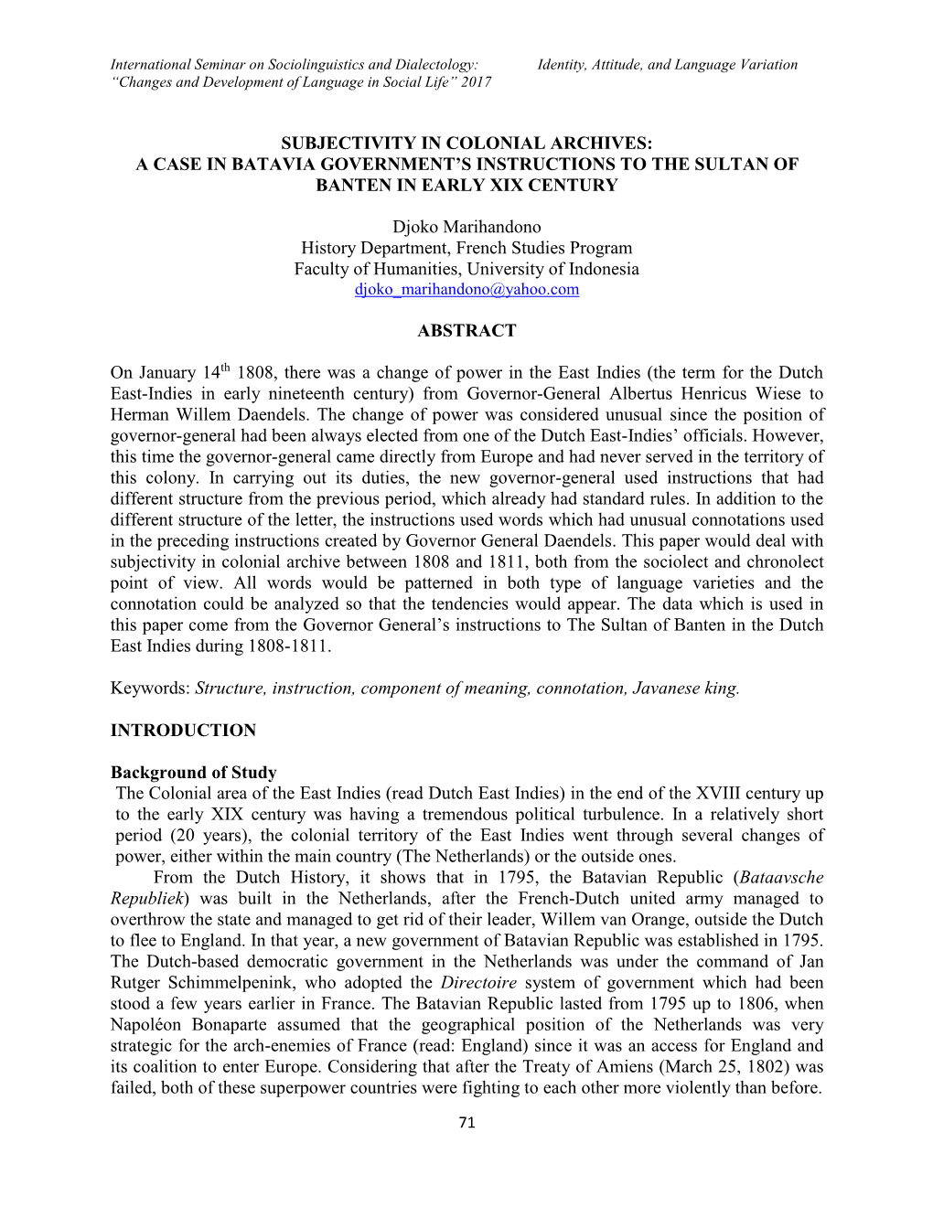 Subjectivity in Colonial Archives: a Case in Batavia Government’S Instructions to the Sultan of Banten in Early Xix Century