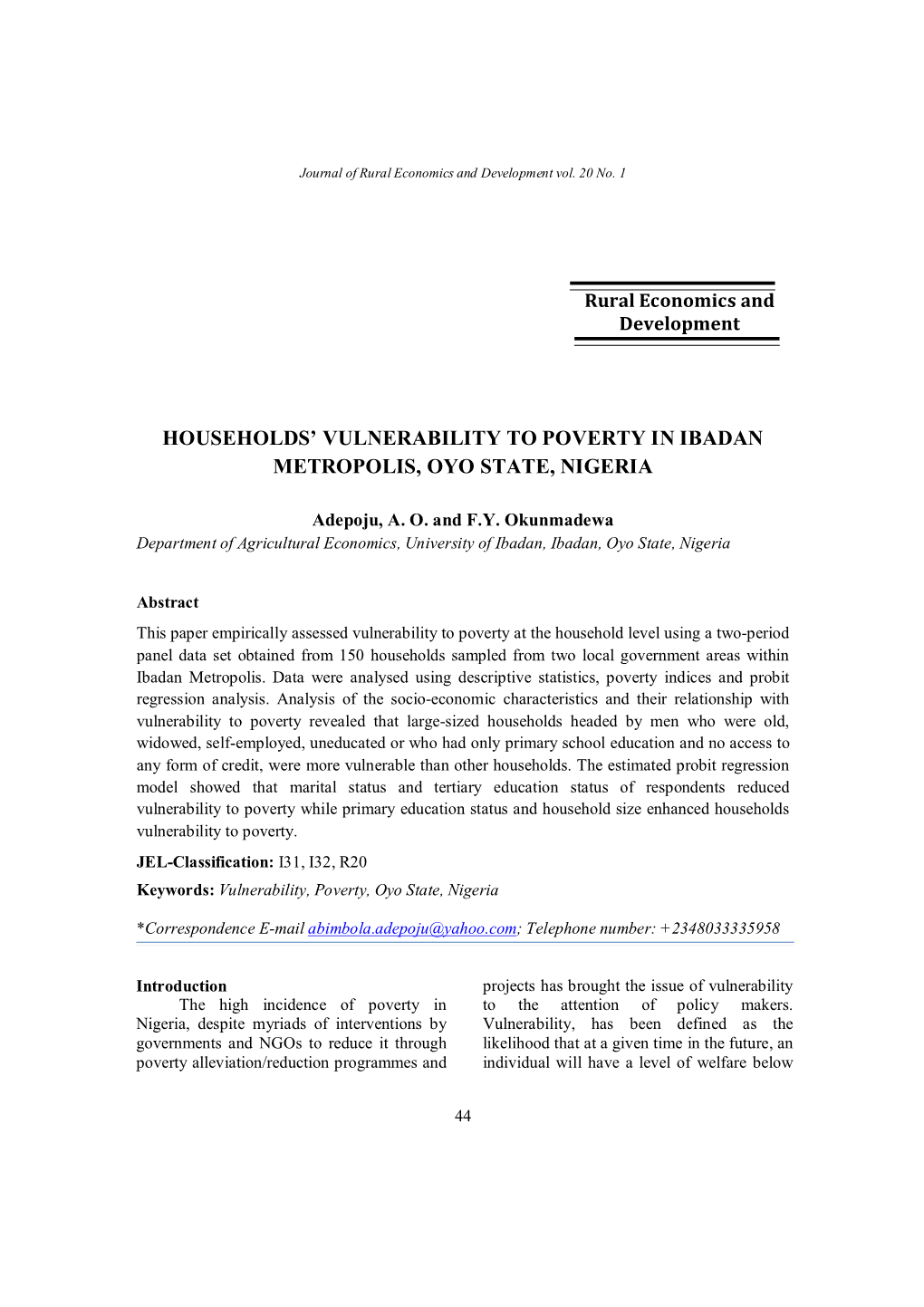 Households' Vulnerability to Poverty in Ibadan