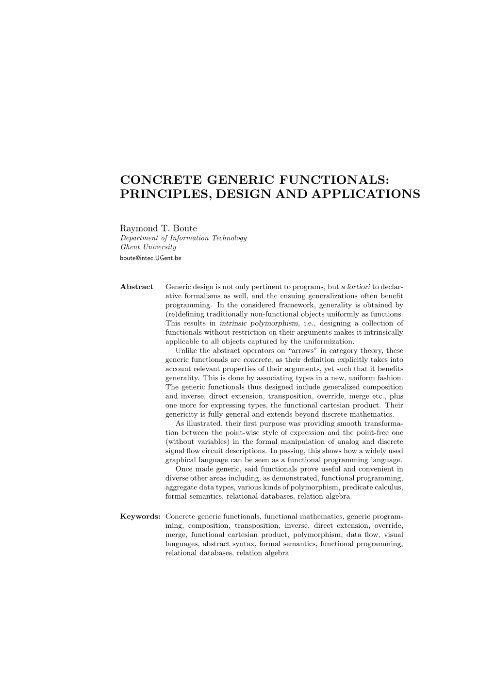 Concrete Generic Functionals: Principles, Design and Applications