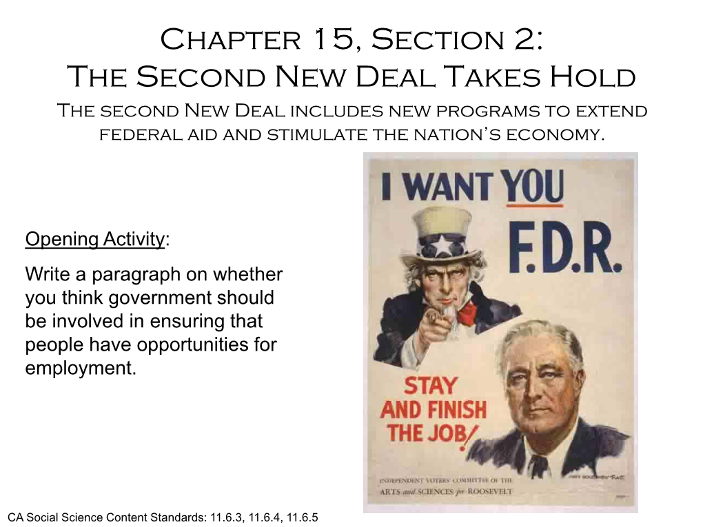 The Second New Deal Takes Hold the Second New Deal Includes New Programs to Extend Federal Aid and Stimulate the Nation’S Economy