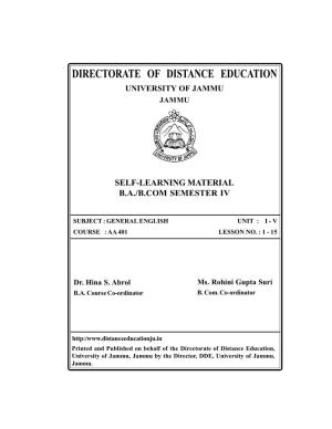 Directorate of Distance Education, University of Jammu, Jammu by the Director, DDE, University of Jammu, Jammu