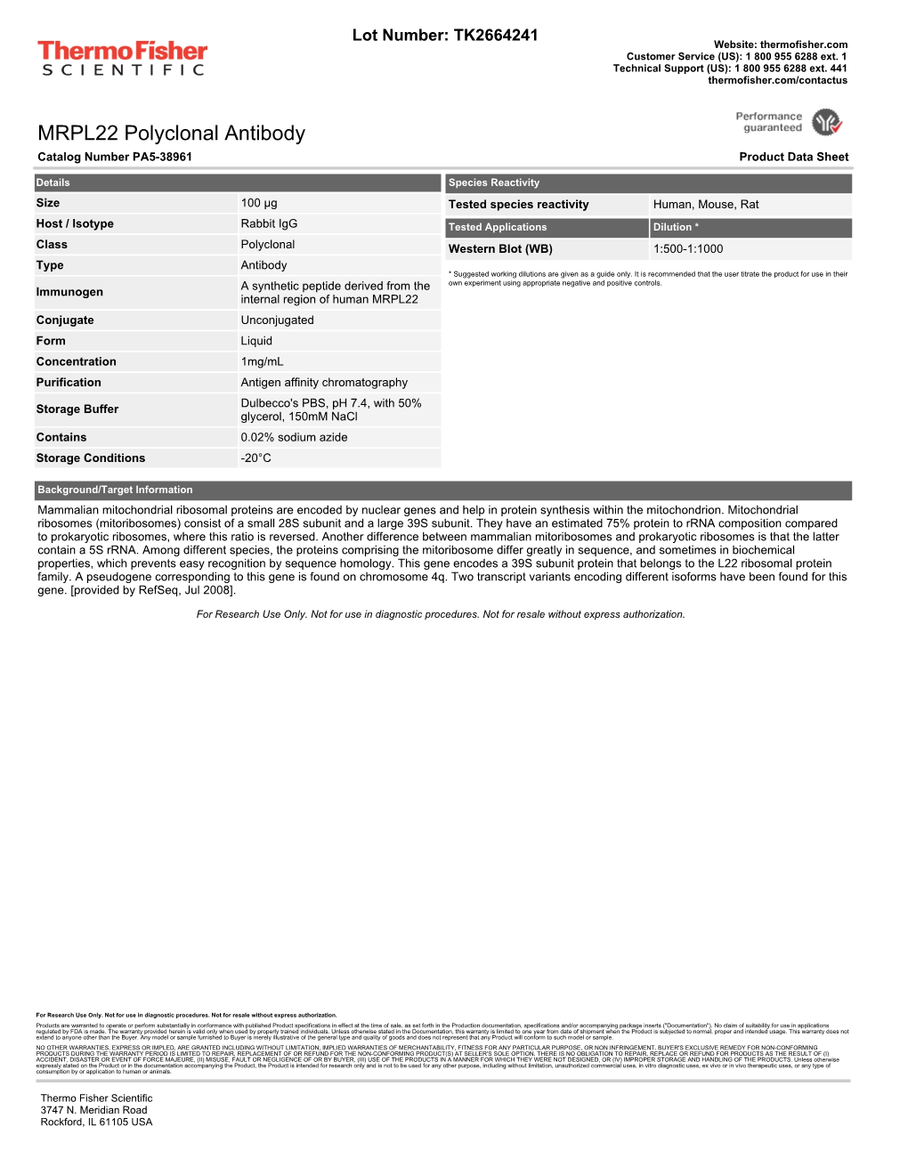 MRPL22 Polyclonal Antibody Catalog Number PA5-38961 Product Data Sheet