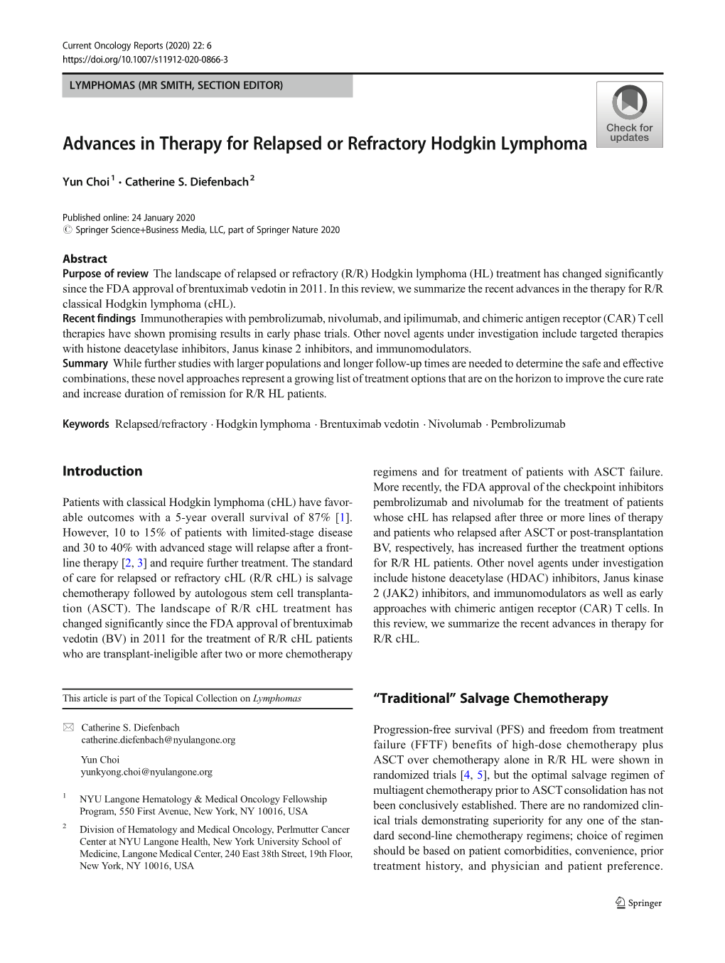 Advances in Therapy for Relapsed Or Refractory Hodgkin Lymphoma