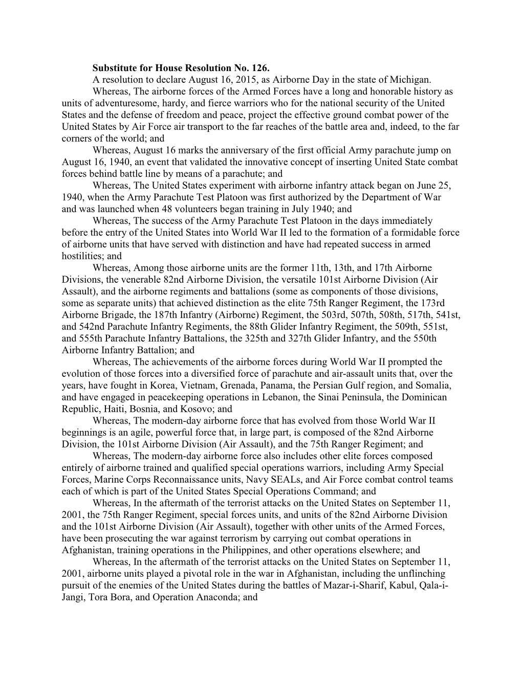 Substitute for House Resolution No. 126. a Resolution to Declare August 16, 2015, As Airborne Day in the State of Michigan