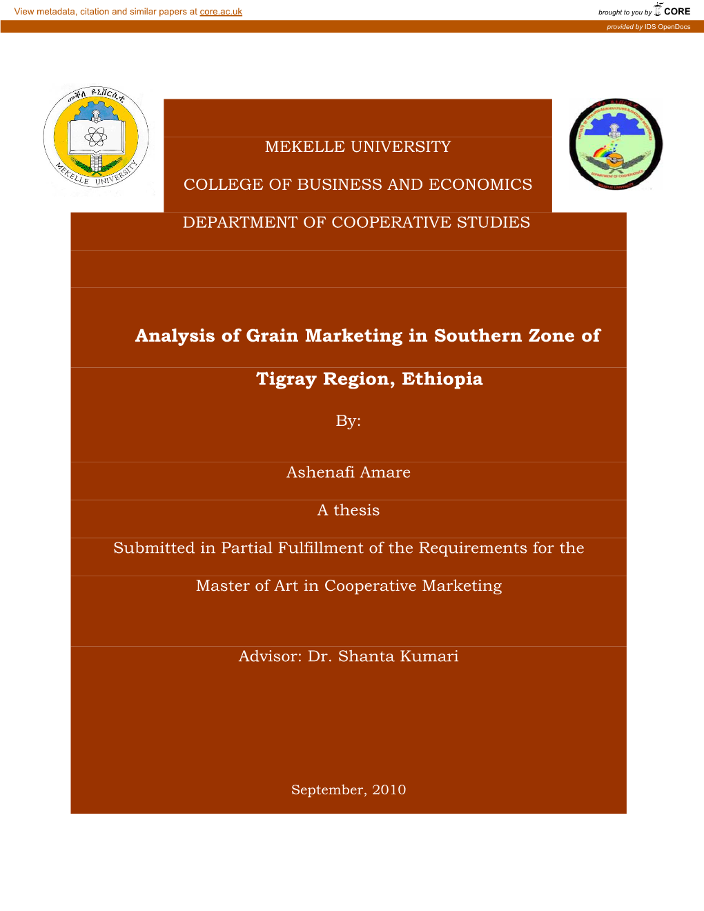 Analysis of Grain Marketing in Southern Zone of Tigray Region