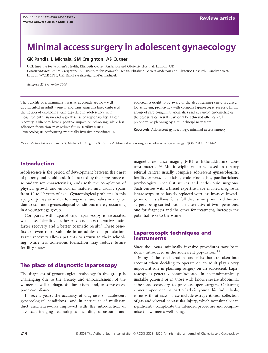 Minimal Access Surgery in Adolescent Gynaecology