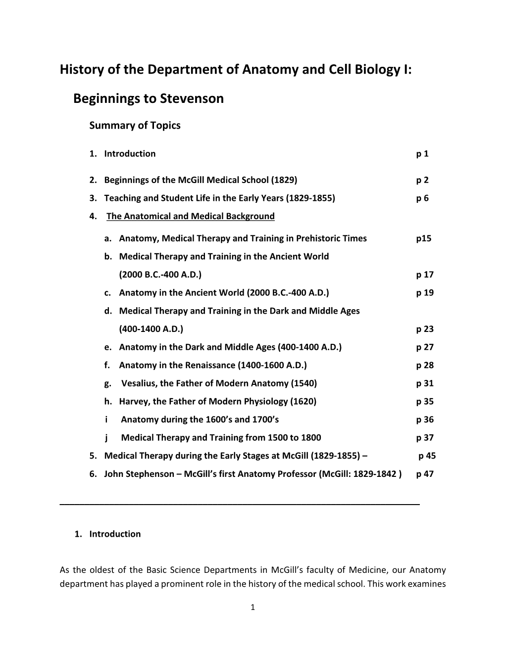 History of the Department of Anatomy and Cell Biology I: Beginnings to Stevenson