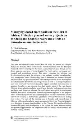 Ethiopian Planned Water Projects on the Juba and Shabelle Rivers and Effects on Downstream Uses in Somalia