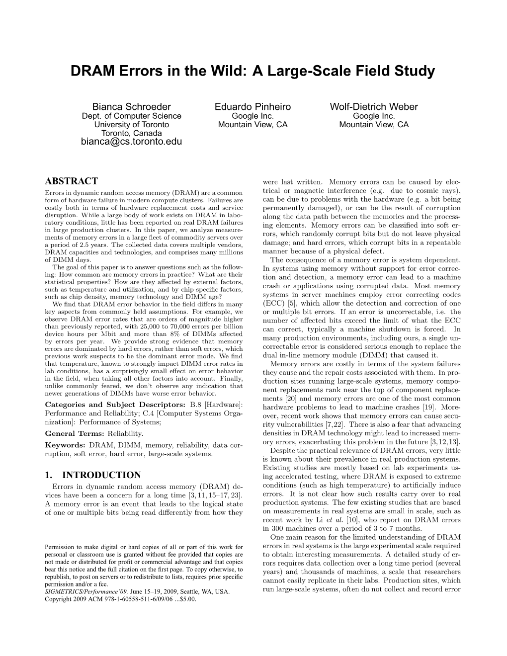 DRAM Errors in the Wild: a Large-Scale Field Study