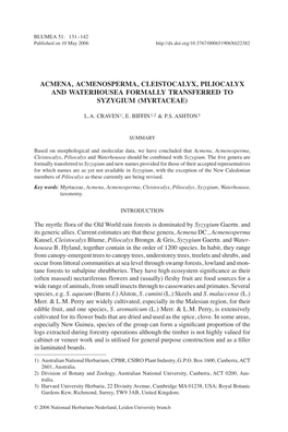 Acmena, Acmenosperma, Cleistocalyx, PILIOCALYX and Waterhousea FORMALLY TRANSFERRED to Syzygium (Myrtaceae)