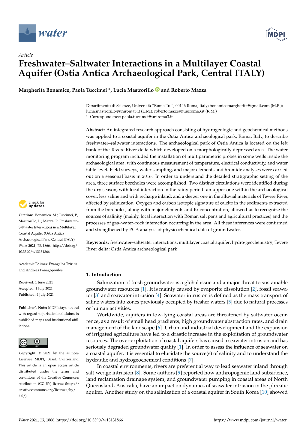 Freshwater–Saltwater Interactions in a Multilayer Coastal Aquifer (Ostia Antica Archaeological Park, Central ITALY)