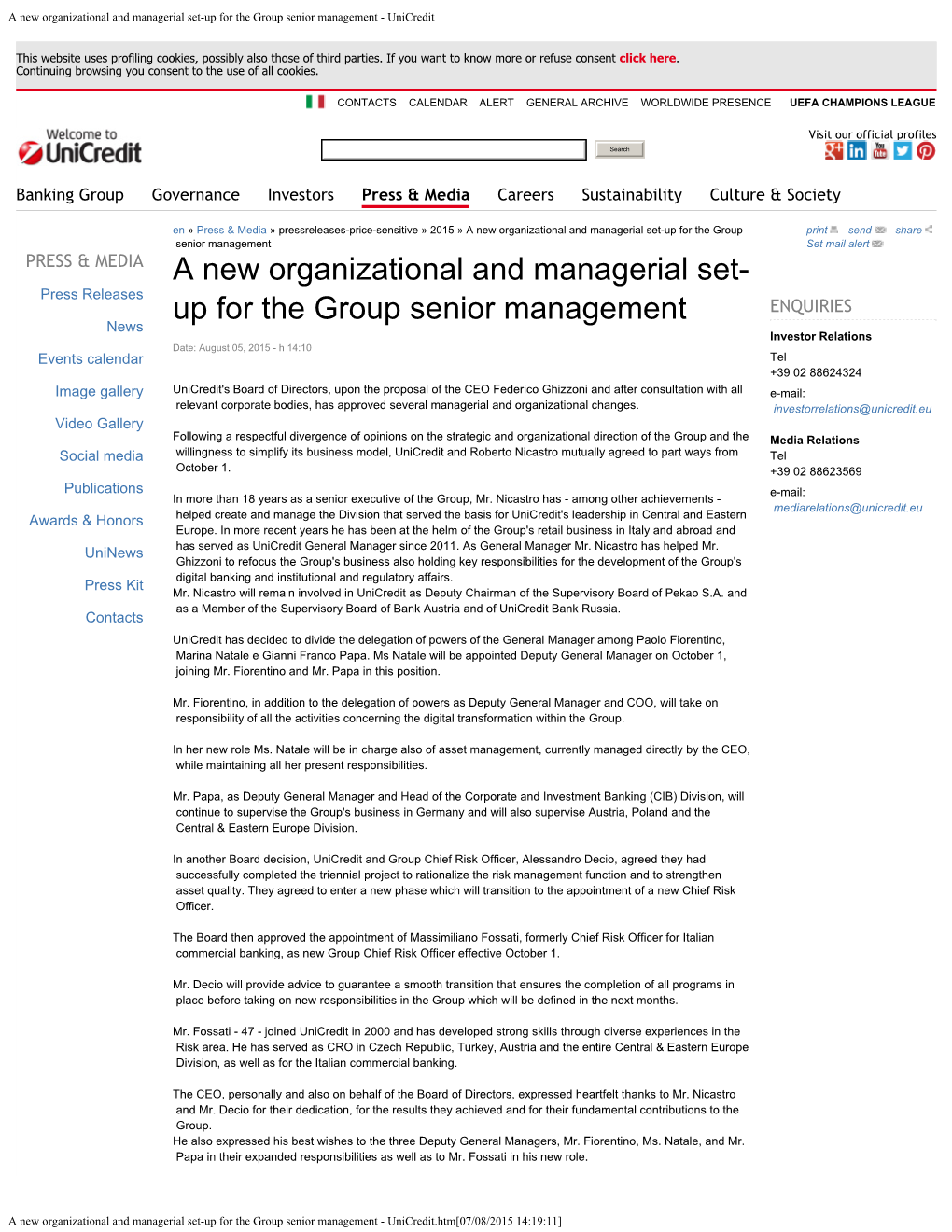 A New Organizational and Managerial Set- up for the Group Senior