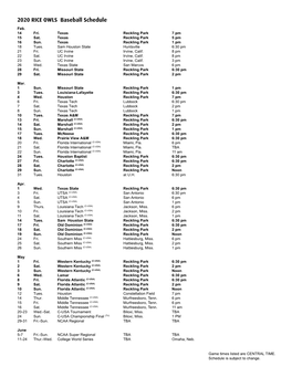 2020 RICE OWLS Baseball Schedule