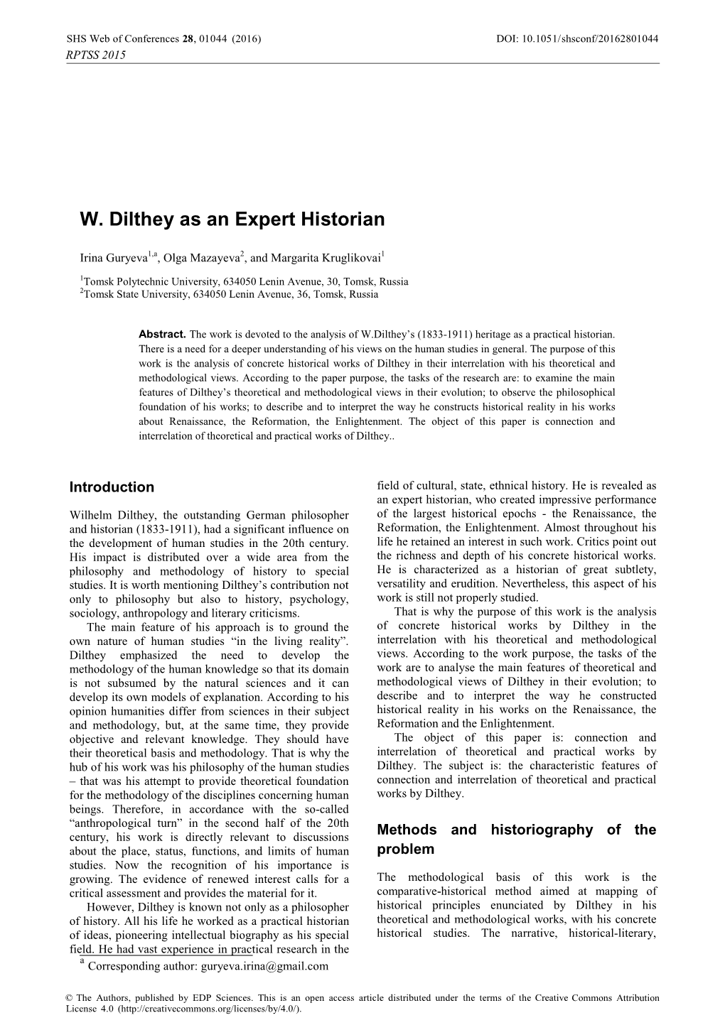 W. Dilthey As an Expert Historian