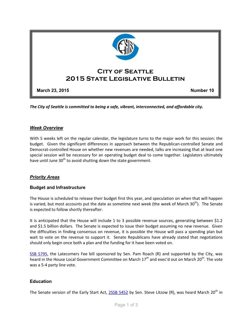 City of Seattle 2015 State Legislative Bulletin