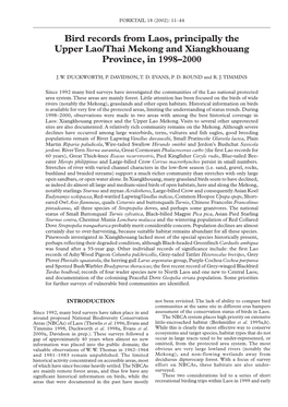 Bird Records from Laos, Principally the Upper Lao/Thai Mekong and Xiangkhouang Province, in 1998–2000