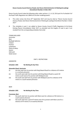 Various Roads, East Devon District) (Control of Waiting & Loading) Amendment Number 2 Order 2017