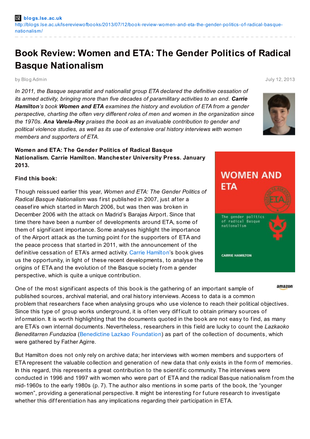 Book Review: Women and ETA: the Gender Politics of Radical Basque Nationalism by Blog Admin July 12, 2013