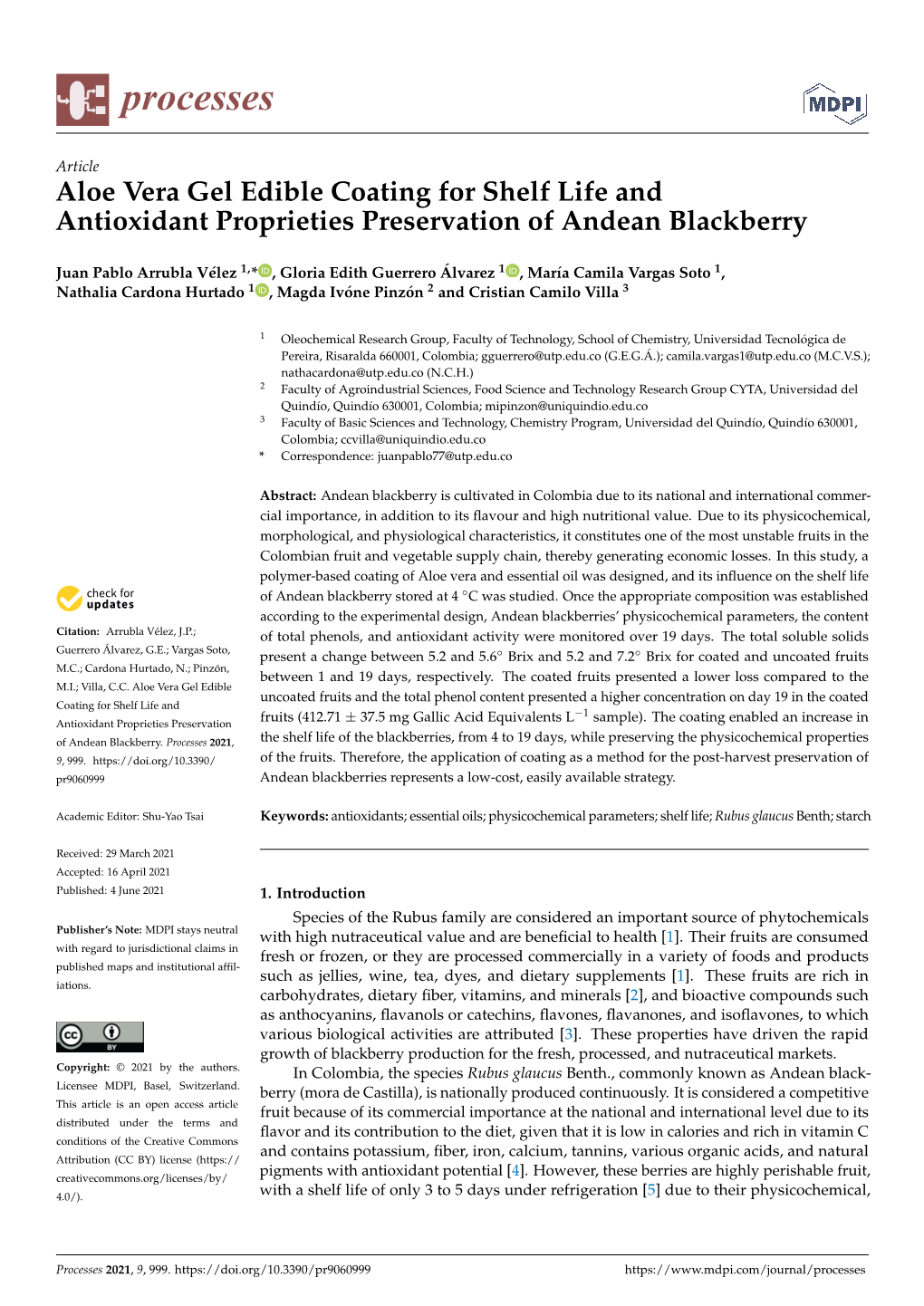 Aloe Vera Gel Edible Coating for Shelf Life and Antioxidant Proprieties Preservation of Andean Blackberry