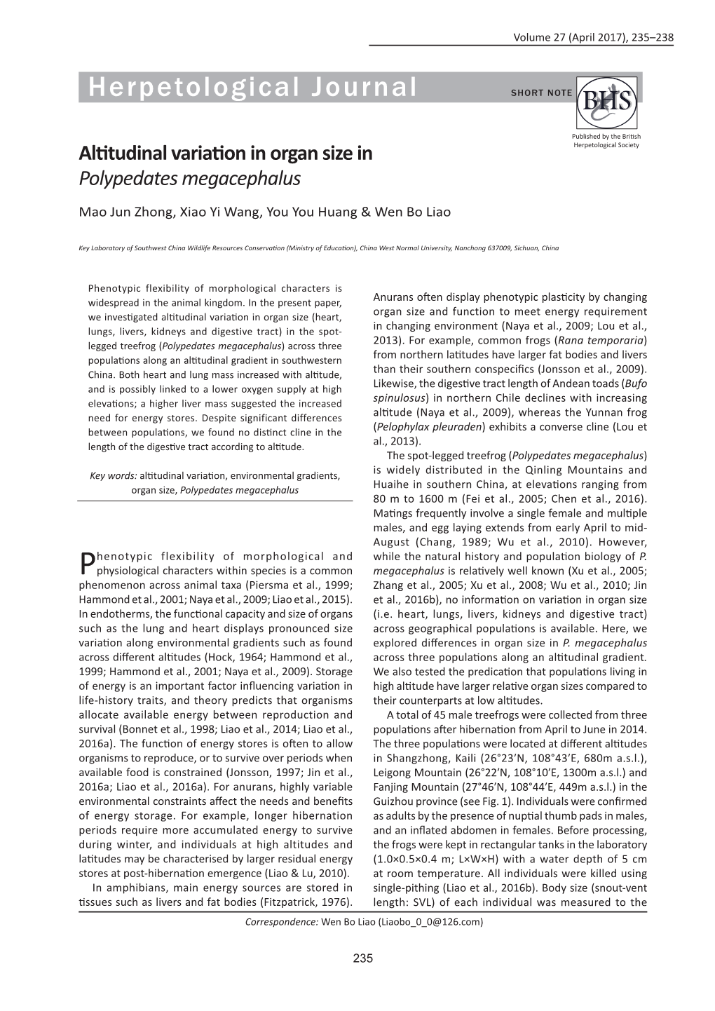 Herpetological Journal SHORT NOTE