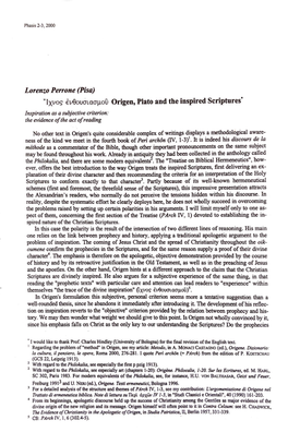 Lorenzo Perrone (Pisa) "Ixvos- Ev0oucrlacrµou Origen, Plato and the Inspired Scriptures* Inspiration As a Subjective Criterion: the Evidence Ofthe Act Ofreading