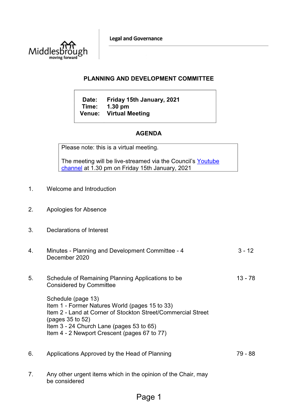(Public Pack)Agenda Document for Planning and Development Committee, 15/01/2021 13:30