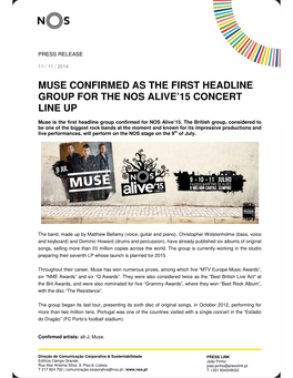 Muse Confirmed As the First Headline Group for the Nos Alive'15 Concert