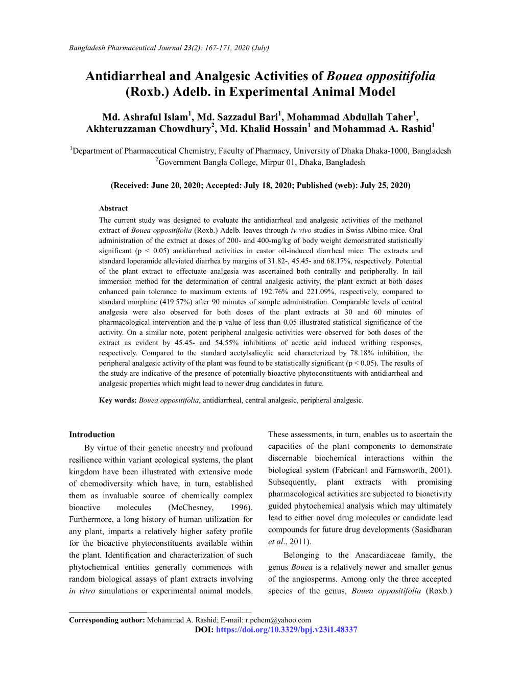 Antidiarrheal and Analgesic Activities of Bouea Oppositifolia (Roxb.) Adelb