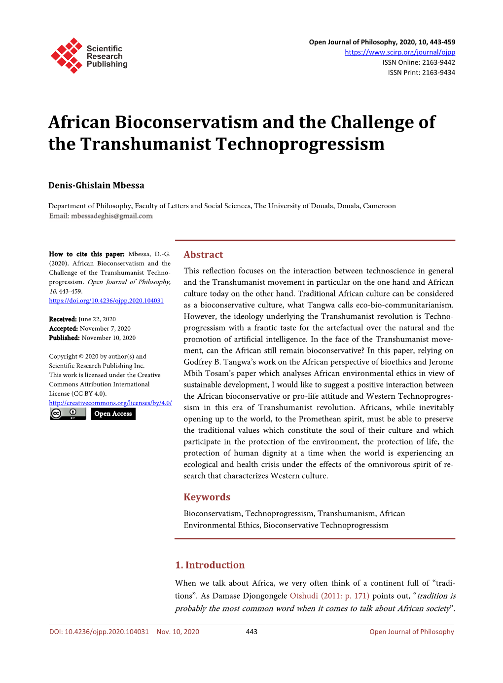 African Bioconservatism and the Challenge of the Transhumanist Technoprogressism