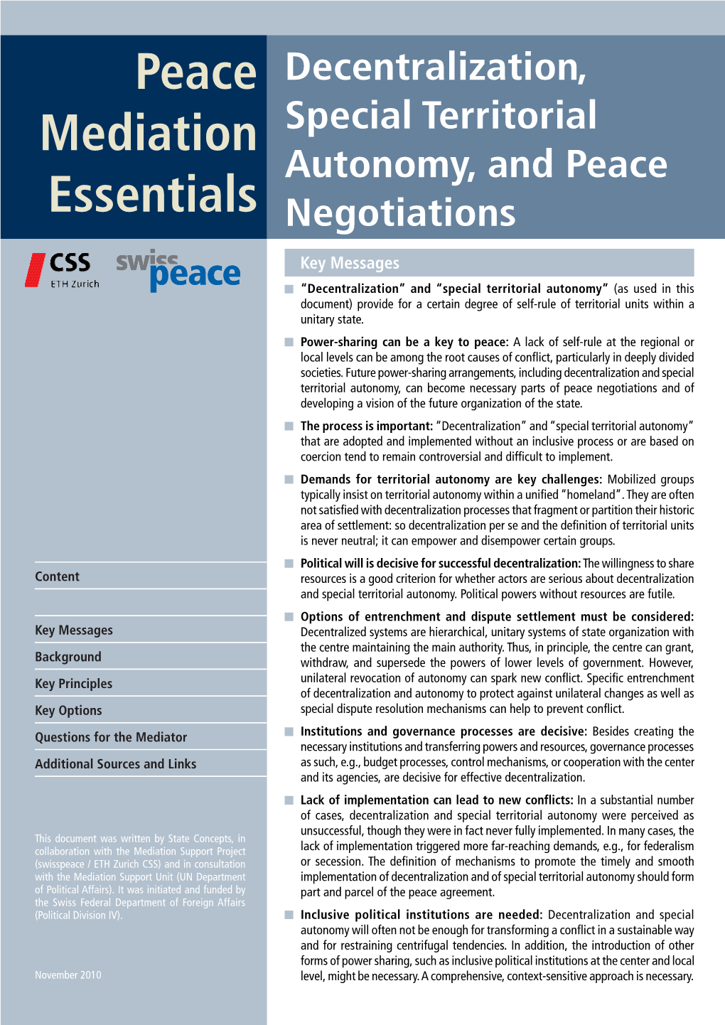 Peace Mediation Essentials Decentralization, Special Territorial Autonomy, and Peace Negotiations