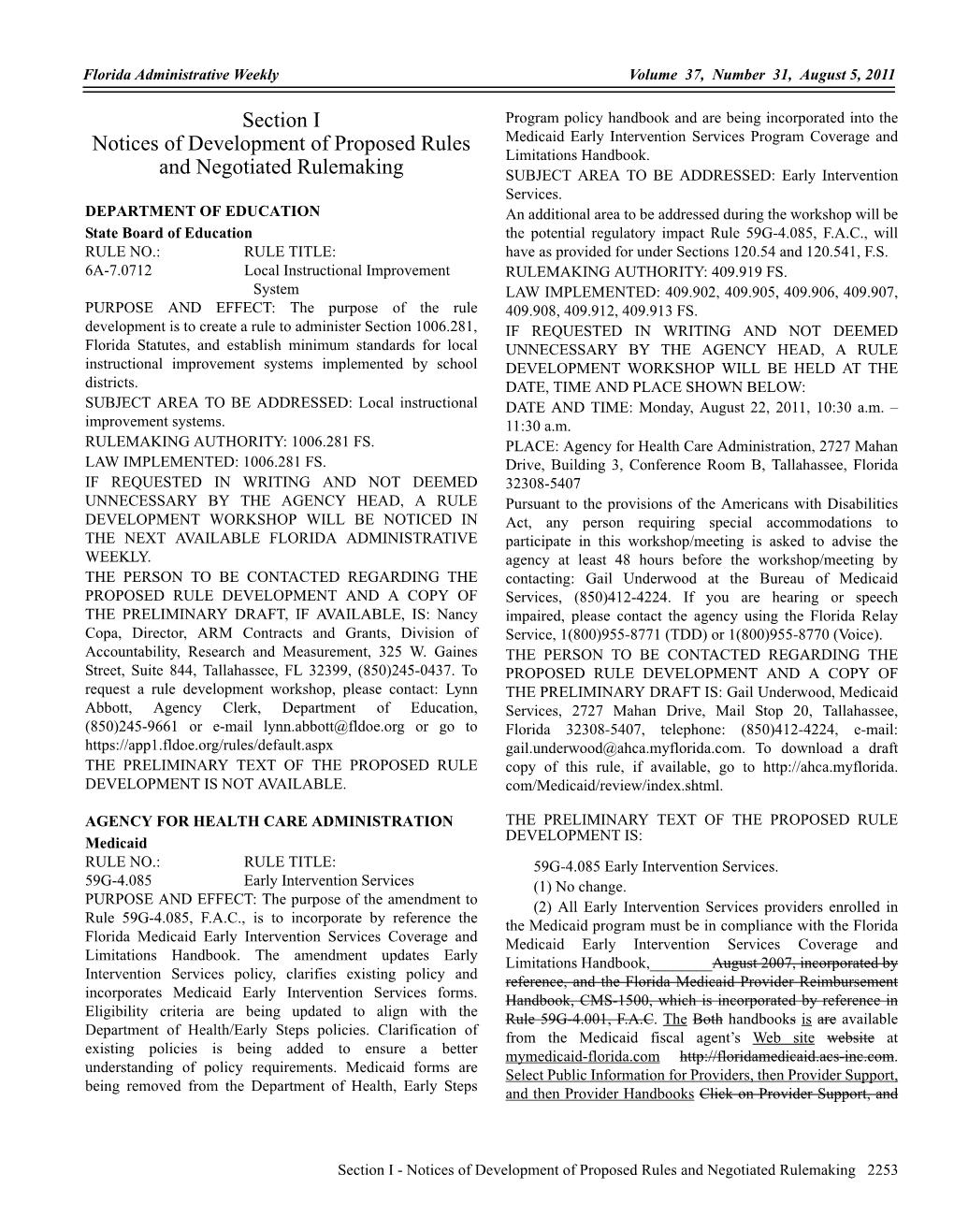 Section I Notices of Development of Proposed Rules and Negotiated