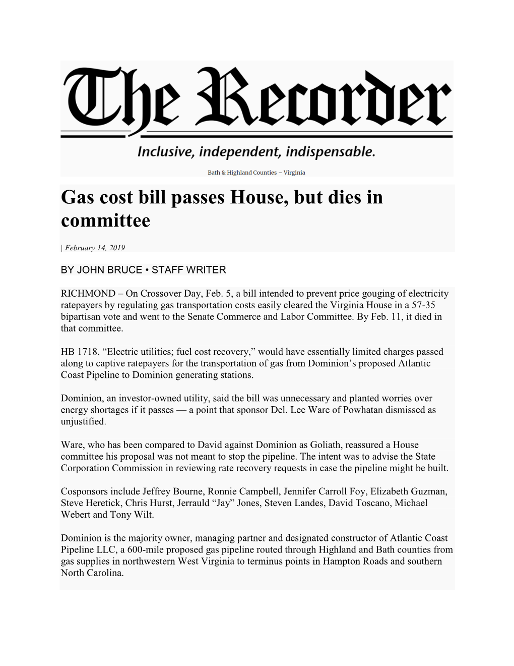 Gas Cost Bill Passes House, but Dies in Committee