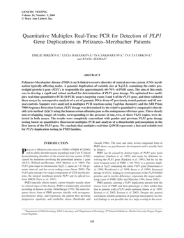 Quantitative Multiplex Real-Time PCR for Detection of PLP1 Gene Duplications in Pelizaeus–Merzbacher Patients