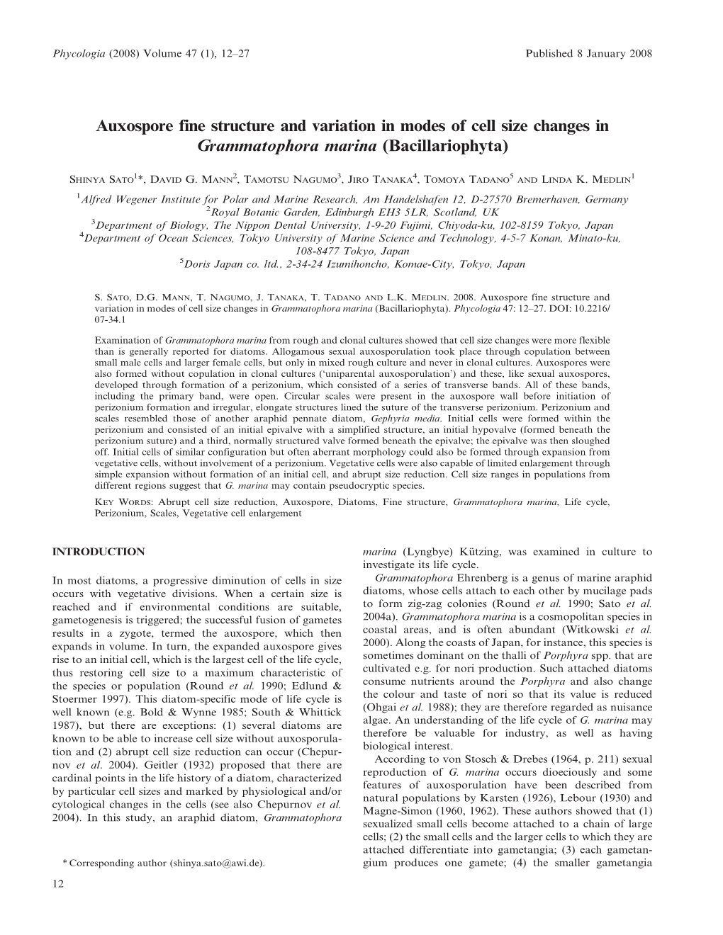 Auxospore Fine Structure and Variation in Modes of Cell Size Changes in Grammatophora Marina (Bacillariophyta)