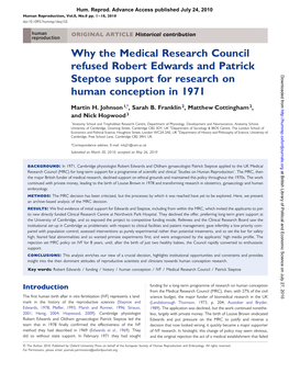 Why the Medical Research Council Refused Robert Edwards and Patrick Steptoe Support for Research on Downloaded from Human Conception in 1971