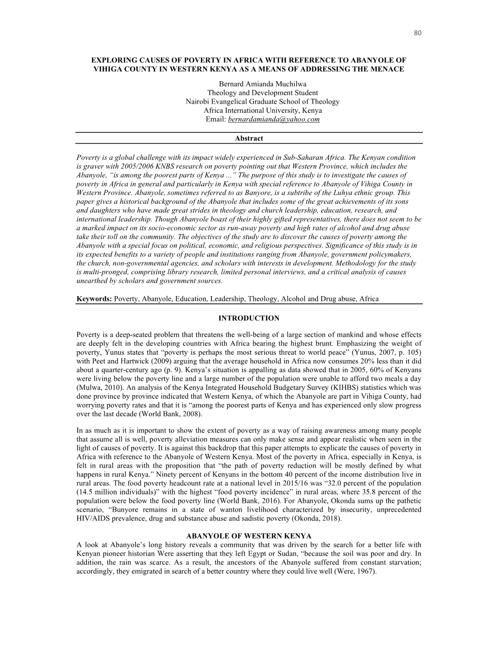 80 Exploring Causes of Poverty in Africa with Reference to Abanyole of Vihiga County in Western Kenya As a Means of Addressing T