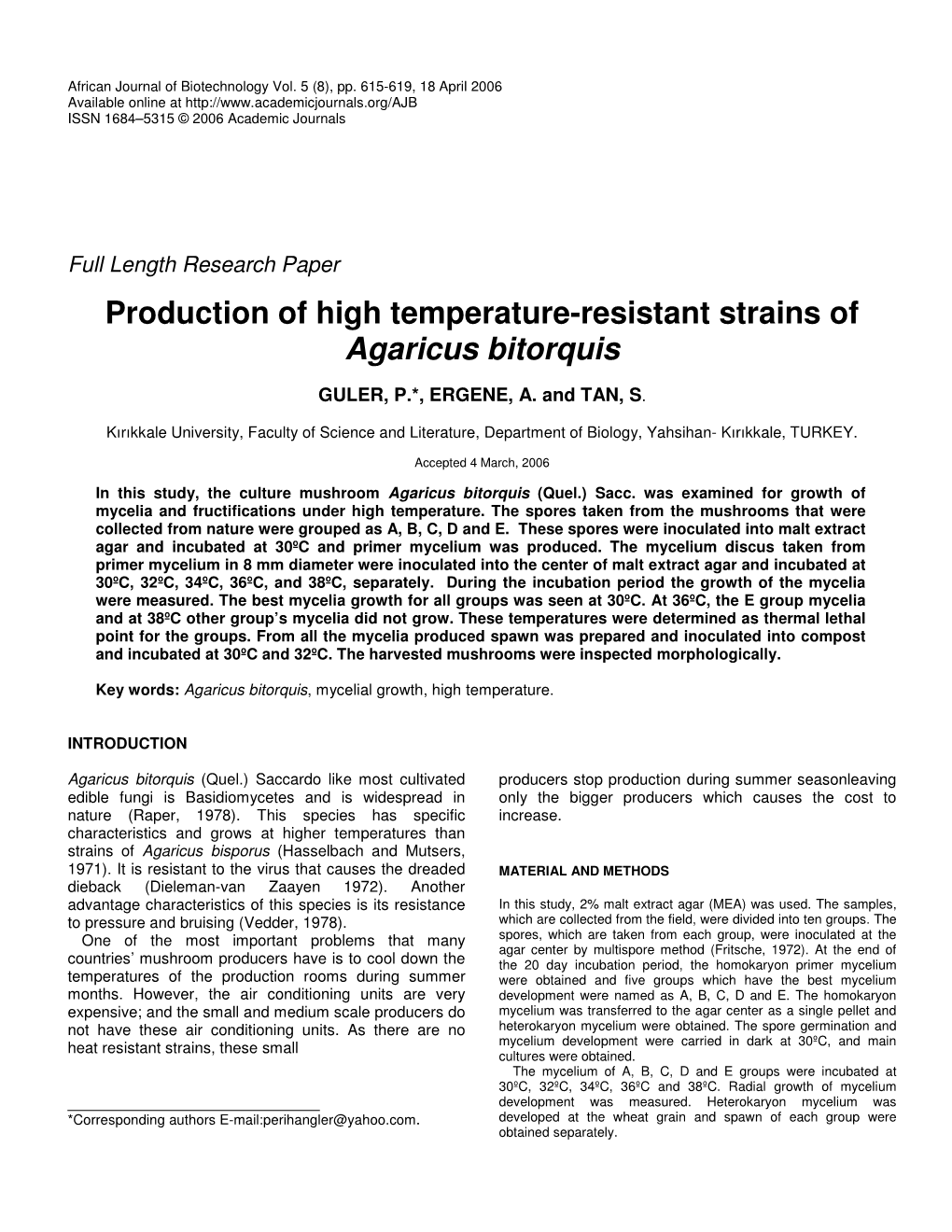 Production of High Temperature-Resistant Strains of Agaricus Bitorquis