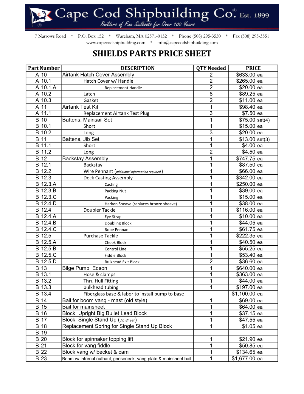 Shields Parts Price Sheet