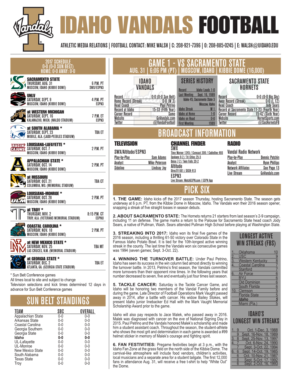 Idaho Vandals Football Athletic Media Relations | Football Contact: Mike Walsh | C: 208-921-7396 | O: 208-885-0245 | E: Walsh@Uidaho.Edu