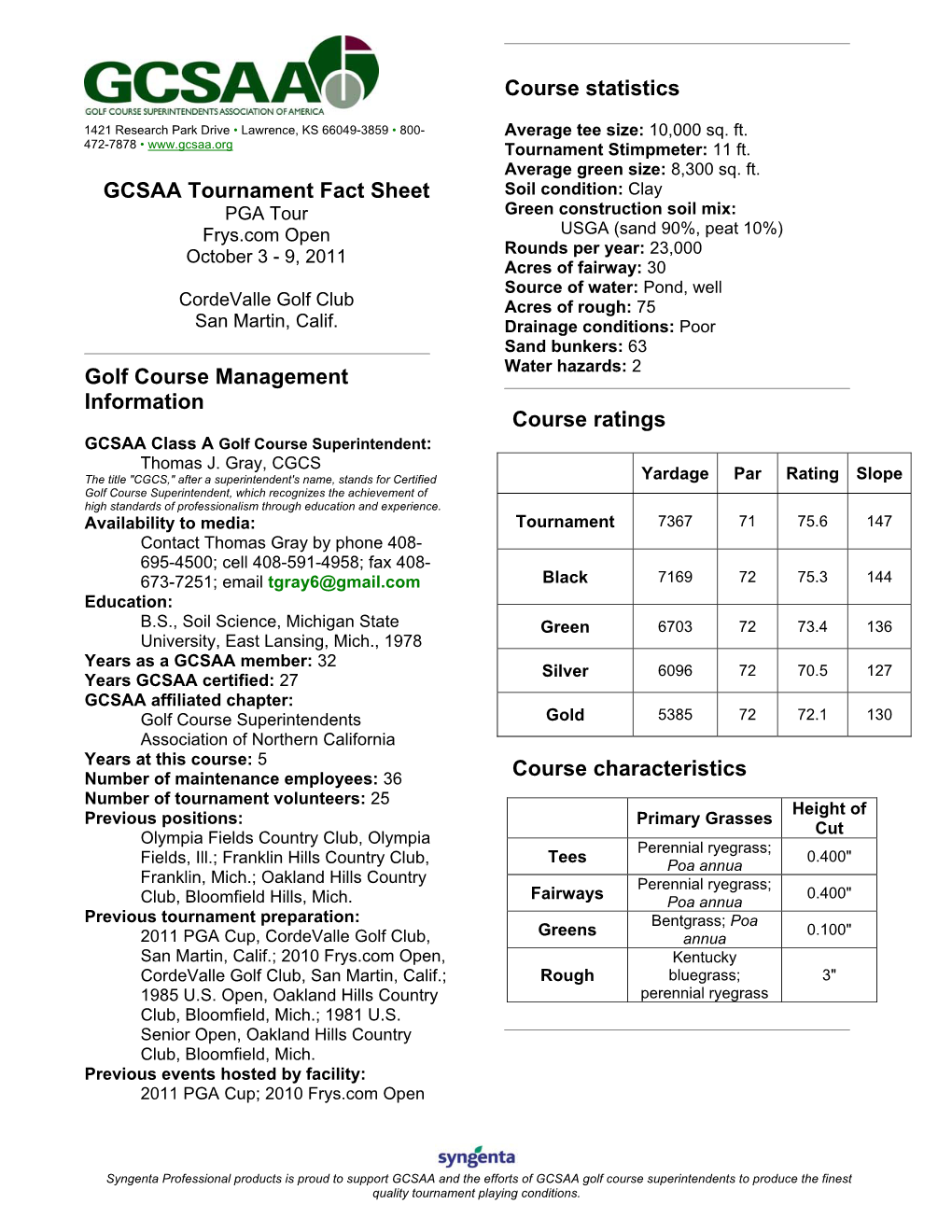 GCSAA Tournament Fact Sheet Golf Course Management Information