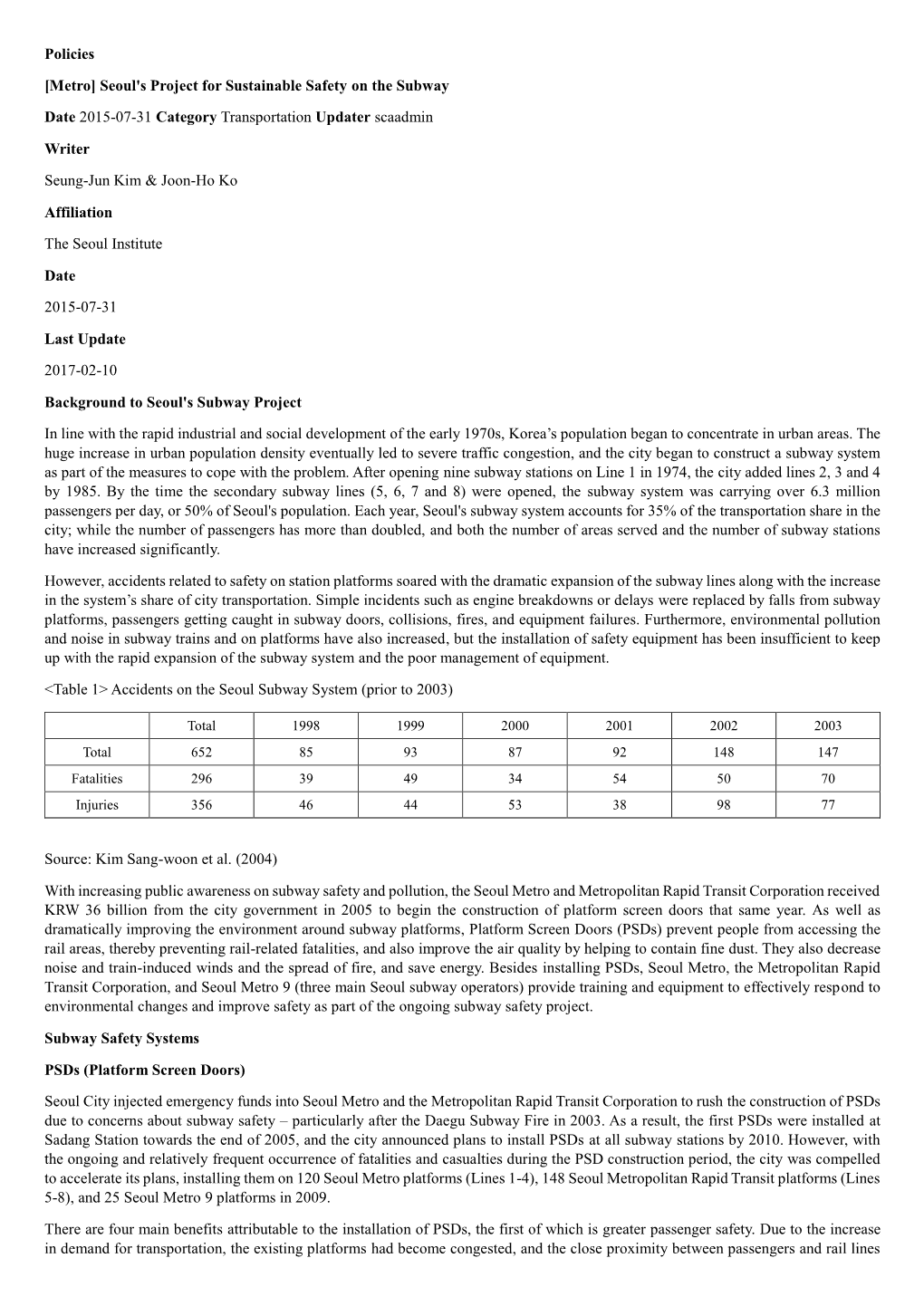 [Metro] Seoul's Project for Sustainable Safety on the Subway Date 2015