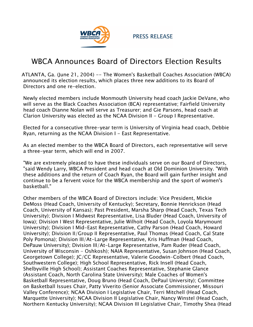 WBCA Announces Board of Directors Election Results 2004-05 062104