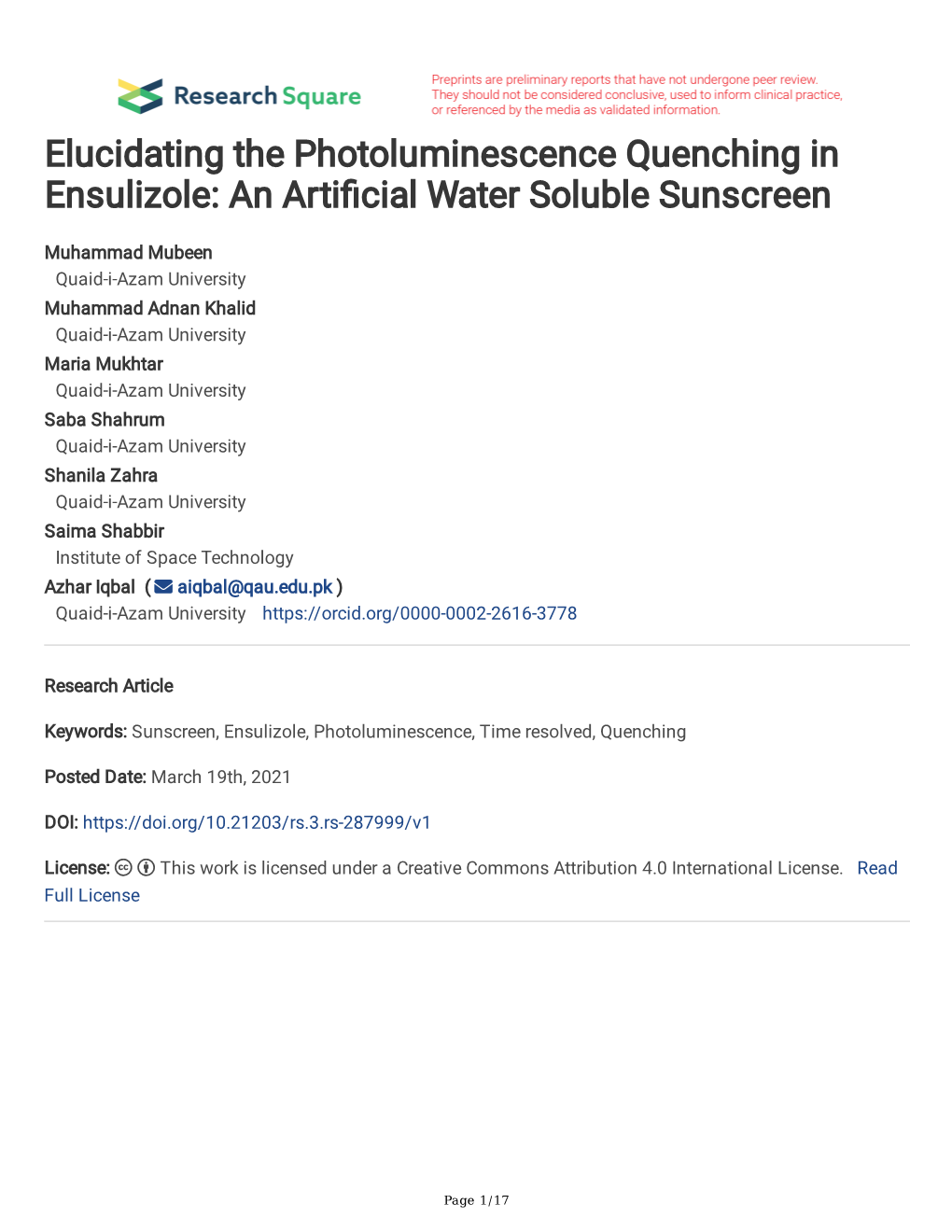 Elucidating the Photoluminescence Quenching in Ensulizole: an Artifcial Water Soluble Sunscreen