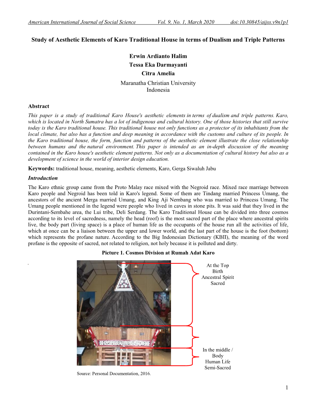 Study of Aesthetic Elements of Karo Traditional House in Terms of Dualism and Triple Patterns